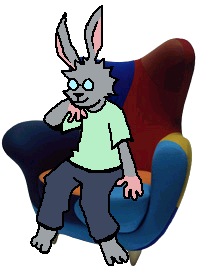 An anthro rabbit sitting in a colorful armchair