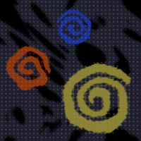 Red, blue and yellow swirls on a dark background