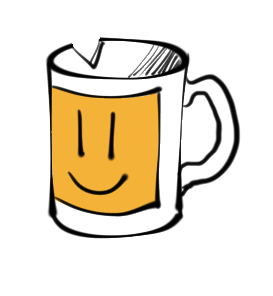 A simple drawing of a chipped mug with a yellow smiley face printed on it